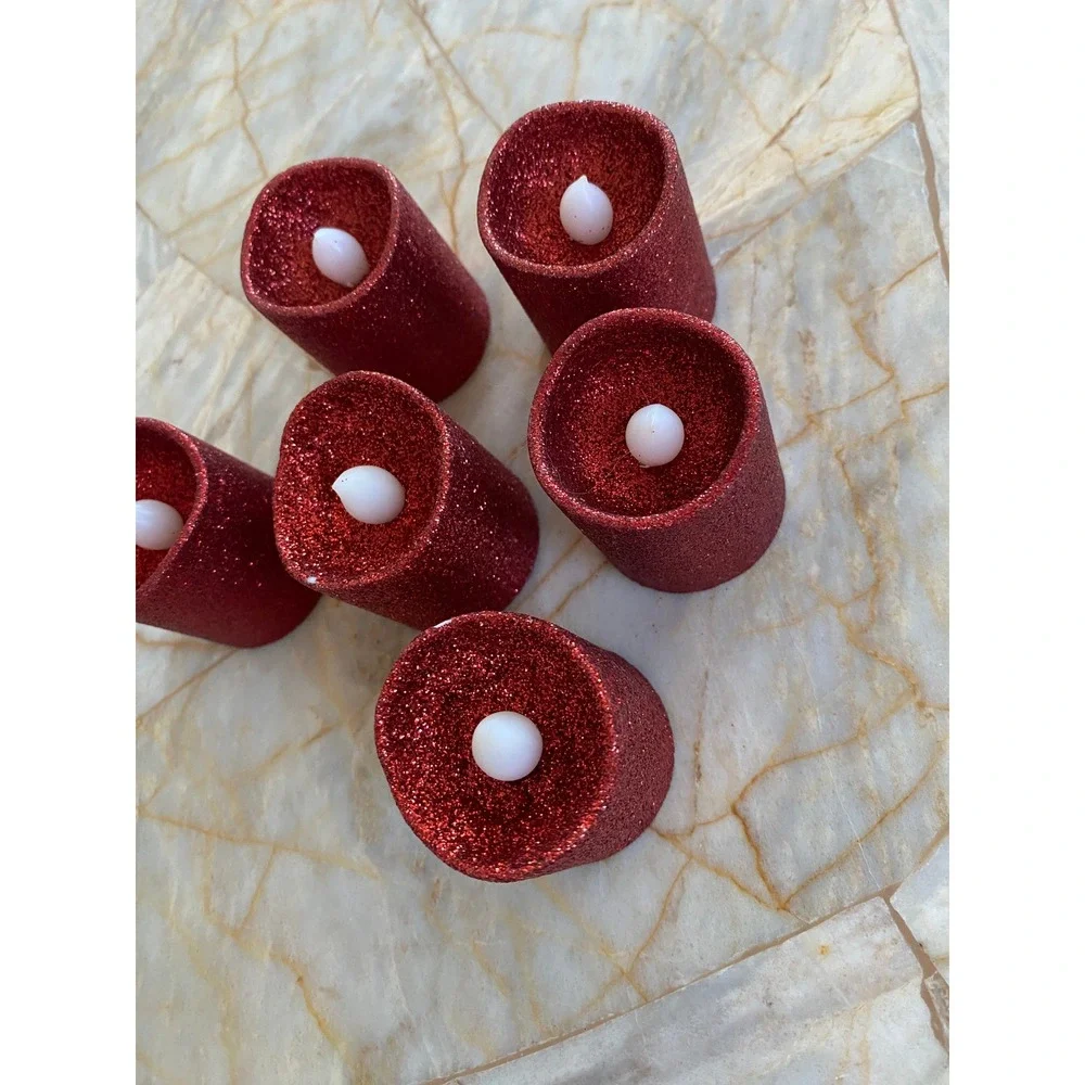 Set of 6 Red Glitter Flameless LED Tea Light Candles Battery Operated Festive